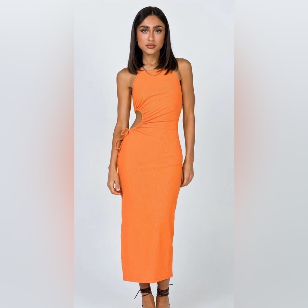 Princess Polly Louie Bright Orange Side Cutout Ribbed Midi Dress AU 10 US 6 - Picture 3 of 12
